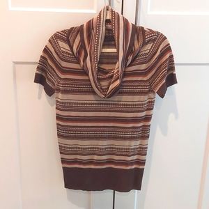 Brown striped cowl-neck short-sleeved sweater - medium